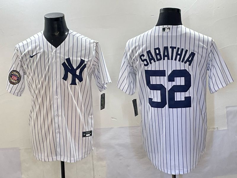 Men New York Yankees 52 Sabathia White Stripe Nike MLB 2025 Jersey 05